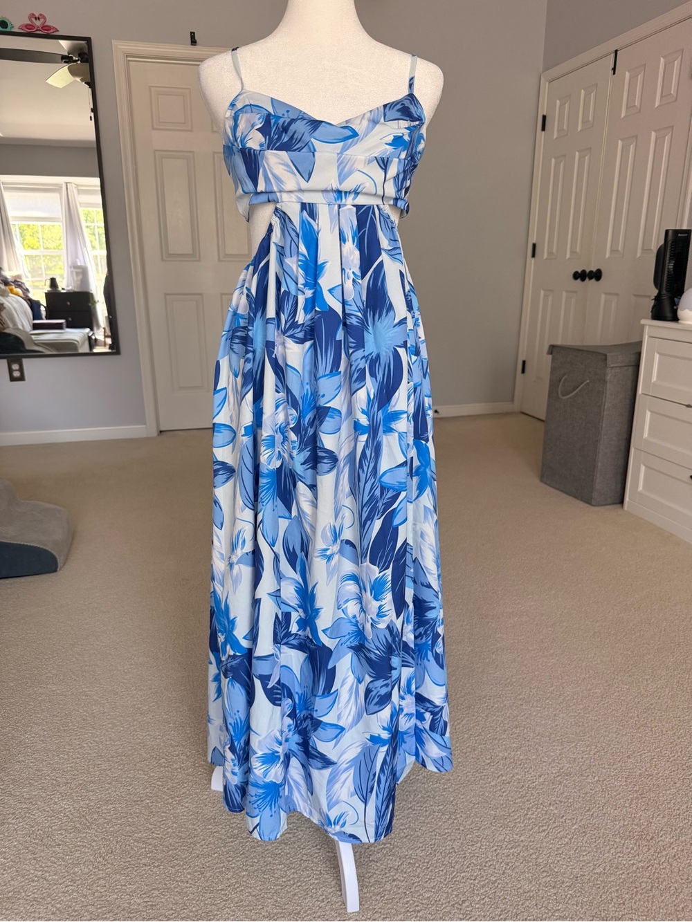 Blue Floral Maxi Dress with Spaghetti Straps